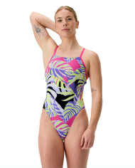 Speedo FL Print Tie Back Kadın Antrenman Mayosu Mor Siyah