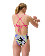 Speedo FL Print Tie Back Kadın Antrenman Mayosu Mor Siyah