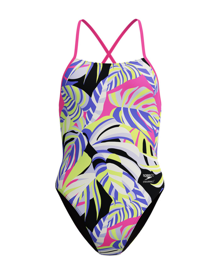 Speedo FL Print Tie Back Kadın Antrenman Mayosu Mor Siyah